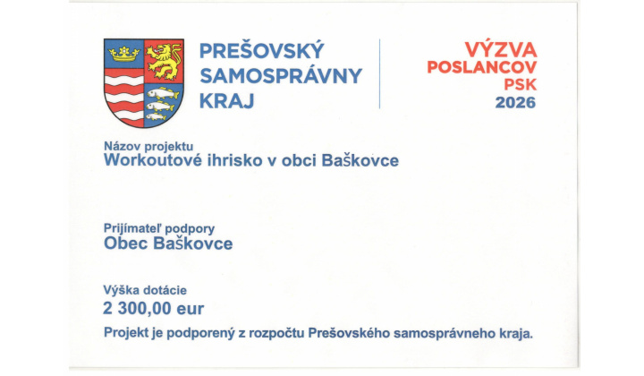 Dotácia z rozpočtu PSK 2026 - Workoutové ihrisko v obci Baškovce