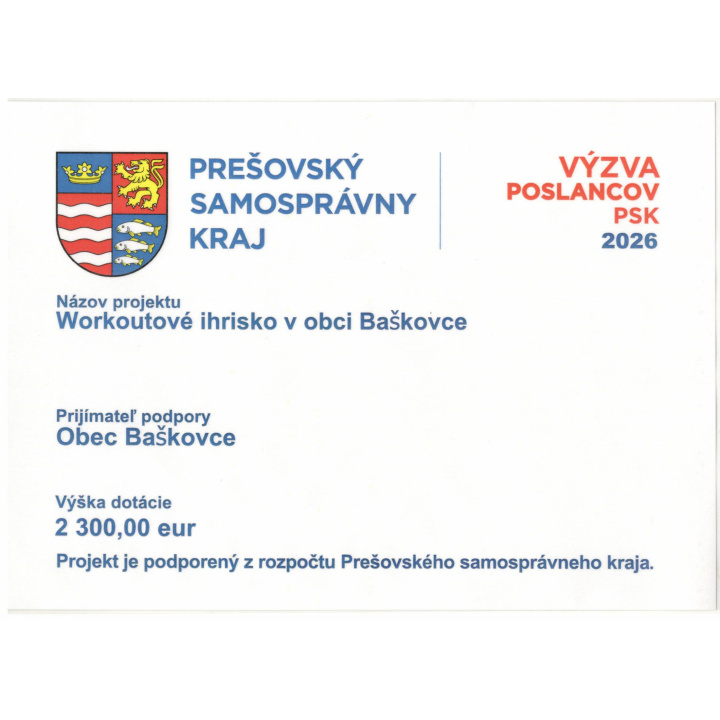 Dotácia z rozpočtu PSK 2026 - Workoutové ihrisko v obci Baškovce